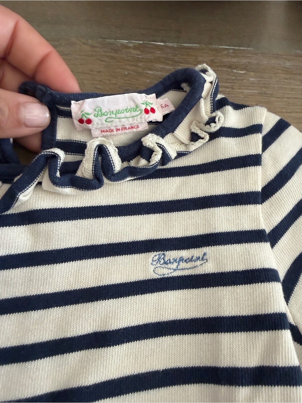 Bonpoint Navy & Cream Striped Ruffle Collar Top